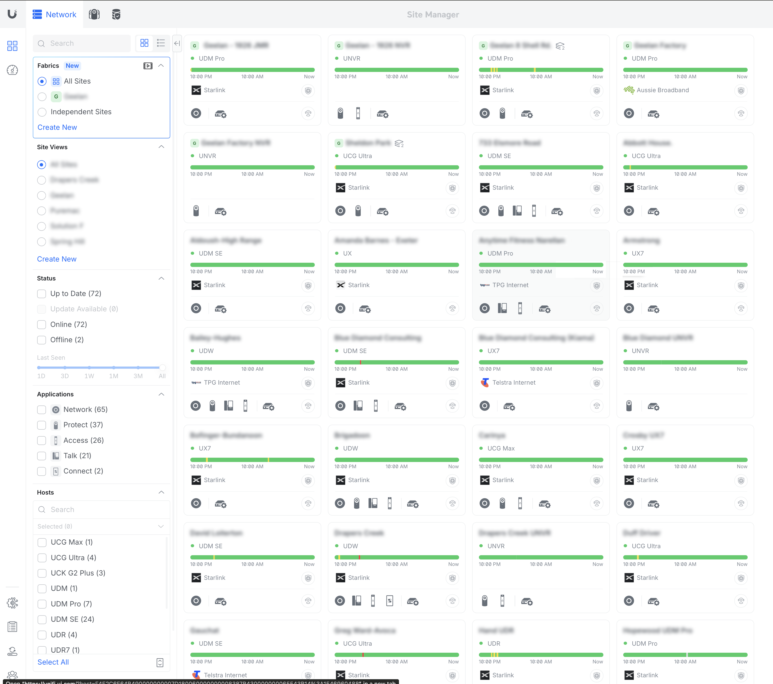 UniFi Site Manager — 73 active client sites all online